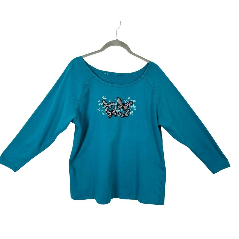 Sweatshirt Butterfly Embroidered Vintage 90s Womens Teal Blue Round Neck M L